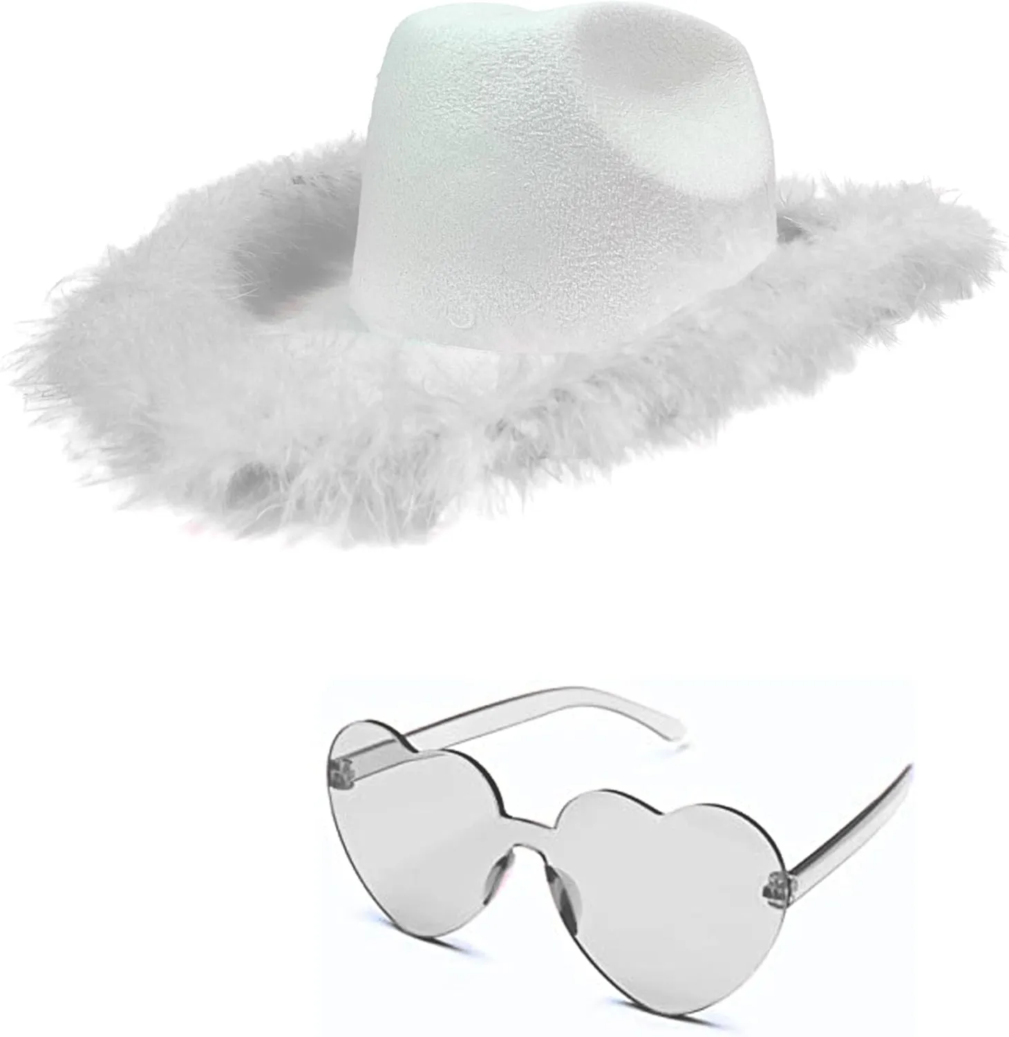 4E's Novelty Cowboy Hat with feathers With Heart Shaped Sunglasses for Women, Felt Cowgirl Hat for Party Costume Dress Up