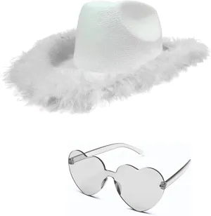 4E's Novelty Cowboy Hat with feathers With Heart Shaped Sunglasses for Women, Felt Cowgirl Hat for Party Costume Dress Up