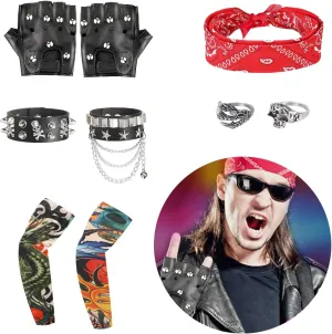 9pcs Rockstar Costume Men Rockstar Costume for Kids 80s Costumes for Men Rocker Costume Men Punk Costume Rockstar Accessories Punk Accessories Rock Star Costumes for Woman Rock and Roll Costume