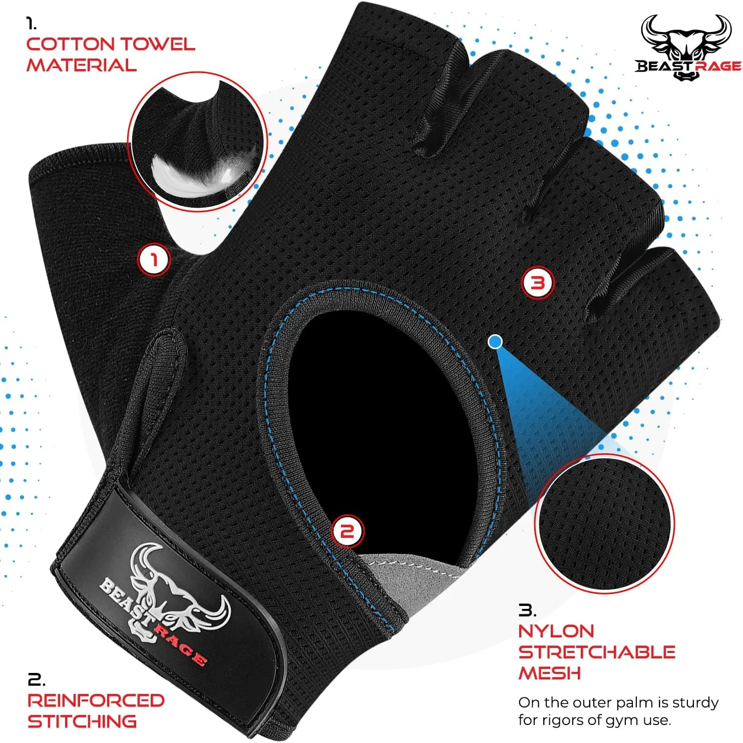 BEAST RAGE Fingerless Weight Lifting Gloves with Palm Protection Padding, Breathable Lightweight Gym Gloves for Men, Women, Weightlifting, Cycling, Exercise, Training Pull Up