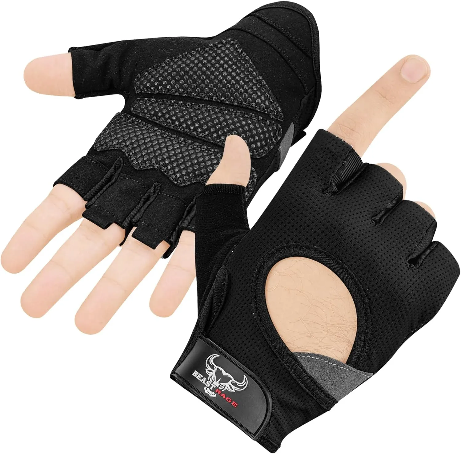 BEAST RAGE Fingerless Weight Lifting Gloves with Palm Protection Padding, Breathable Lightweight Gym Gloves for Men, Women, Weightlifting, Cycling, Exercise, Training Pull Up