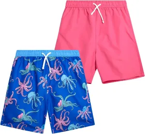 Boys Swim Trunks - 2 Pack Quick Dry Printed Boys Board Shorts Bathing Suit Kids Swimwear with Pockets (Size:8-18)