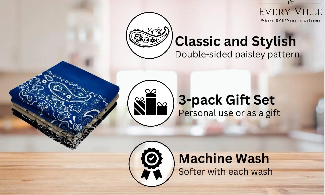 Classic Paisley Bandanas - 3 Pack Gift Set, 100% Cotton, 22x22 Inches