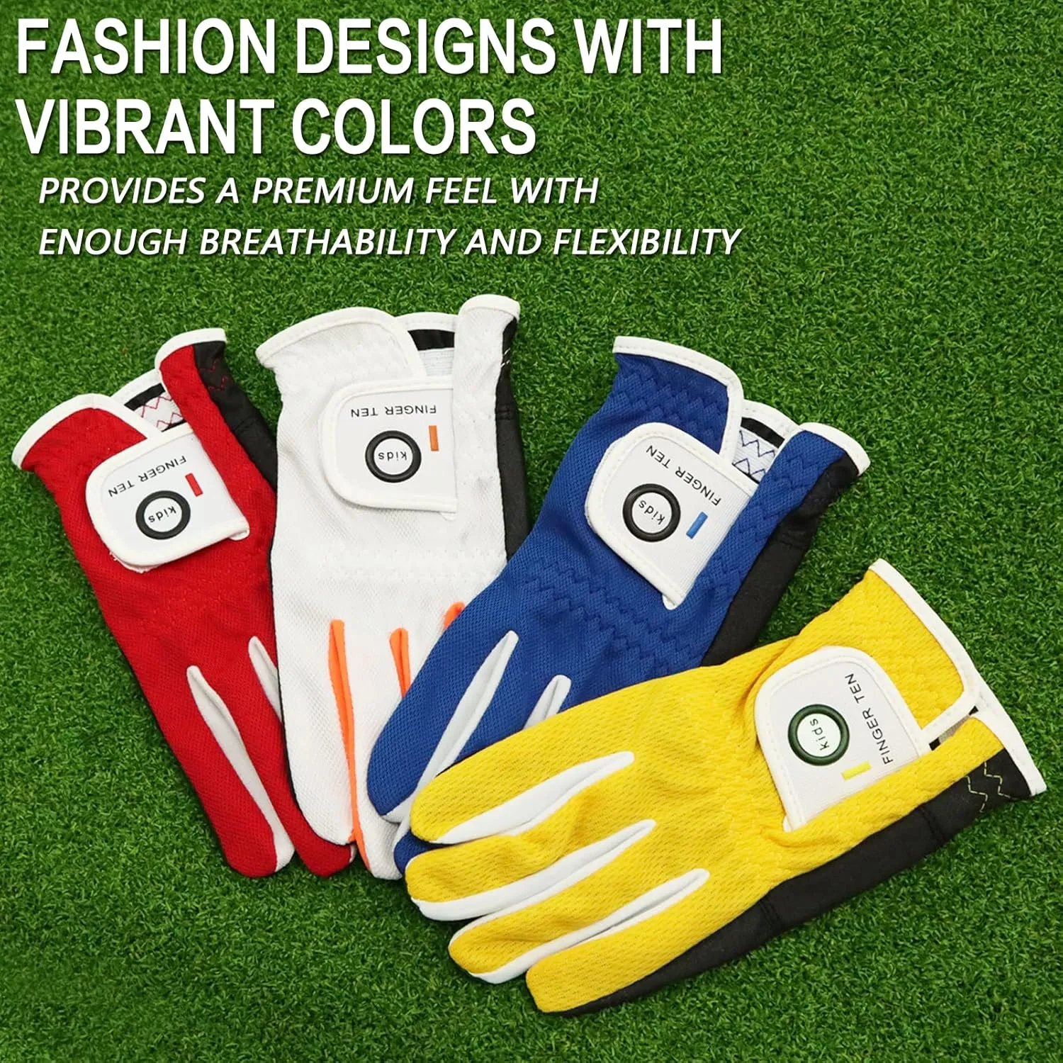 FINGER TEN Golf Gloves Junior Kids Youth Toddler Boys Girls Left Hand Right Hand Dura Feel White Blue Red Yellow Golf Glove Extra Value 2 Pack Age 4-11 Years Old