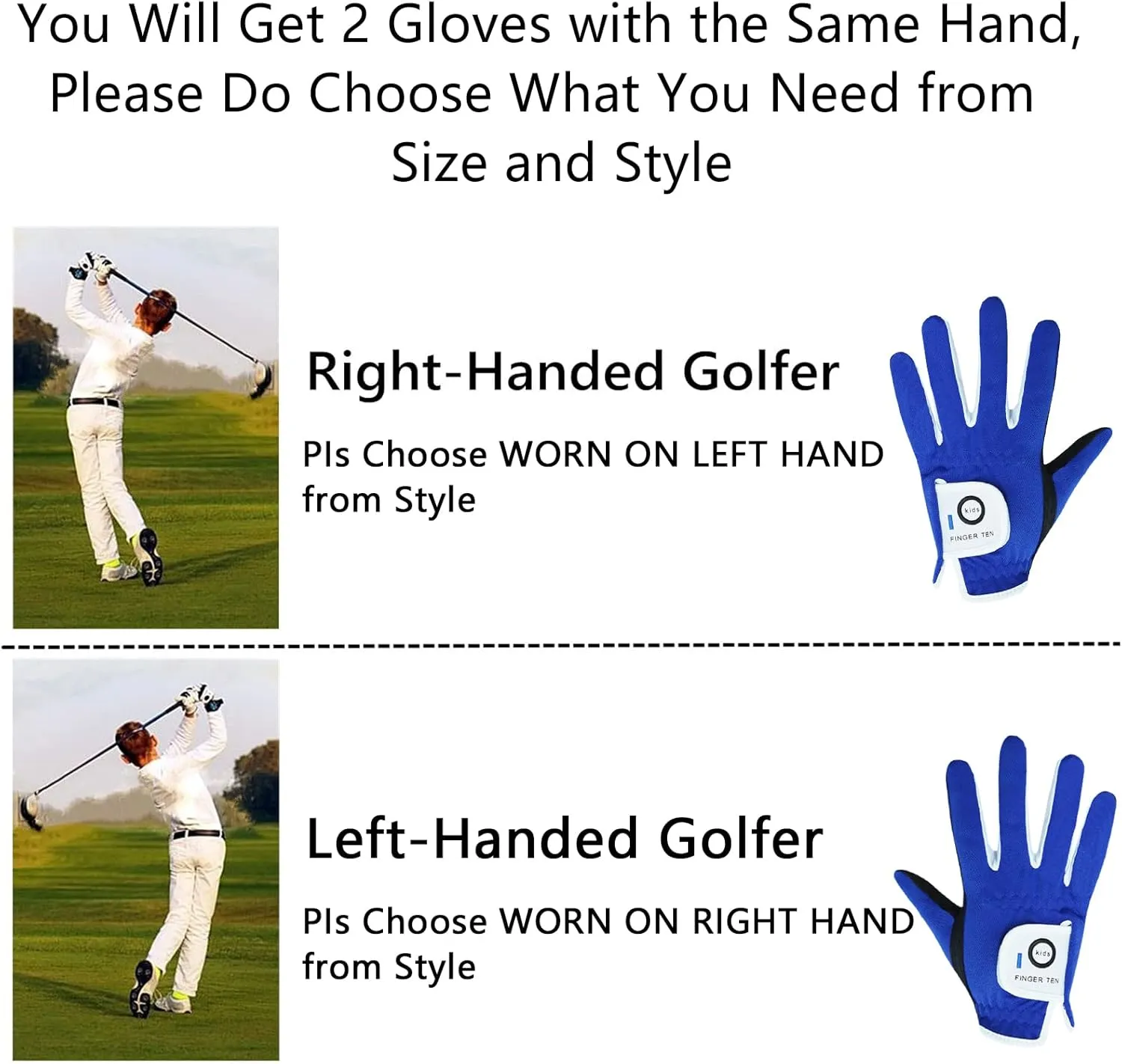 FINGER TEN Golf Gloves Junior Kids Youth Toddler Boys Girls Left Hand Right Hand Dura Feel White Blue Red Yellow Golf Glove Extra Value 2 Pack Age 4-11 Years Old