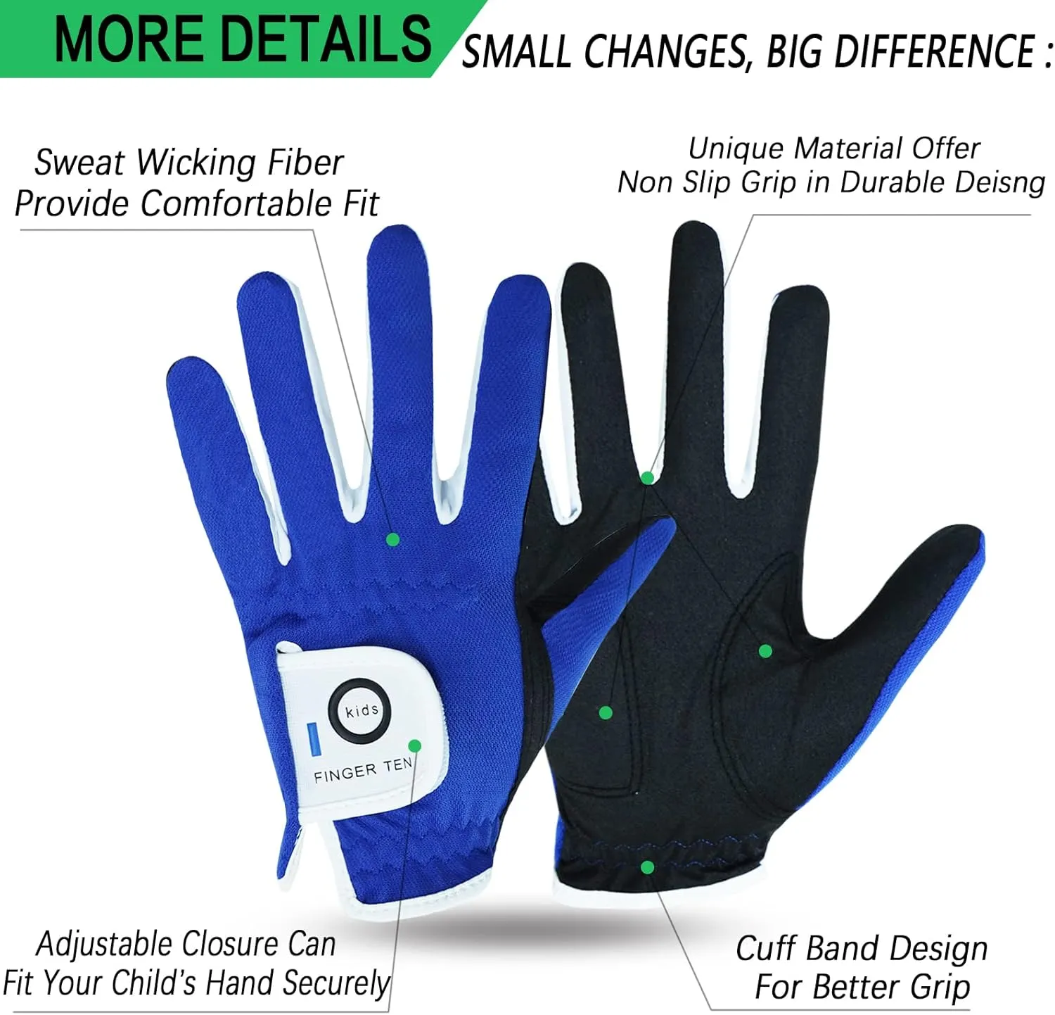 FINGER TEN Golf Gloves Junior Kids Youth Toddler Boys Girls Left Hand Right Hand Dura Feel White Blue Red Yellow Golf Glove Extra Value 2 Pack Age 4-11 Years Old