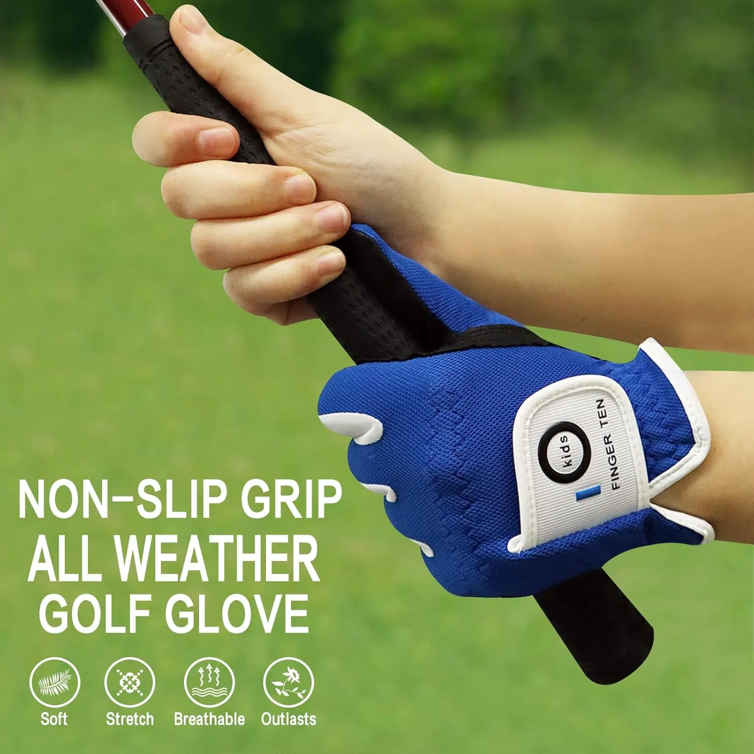 FINGER TEN Golf Gloves Junior Kids Youth Toddler Boys Girls Left Hand Right Hand Dura Feel White Blue Red Yellow Golf Glove Extra Value 2 Pack Age 4-11 Years Old