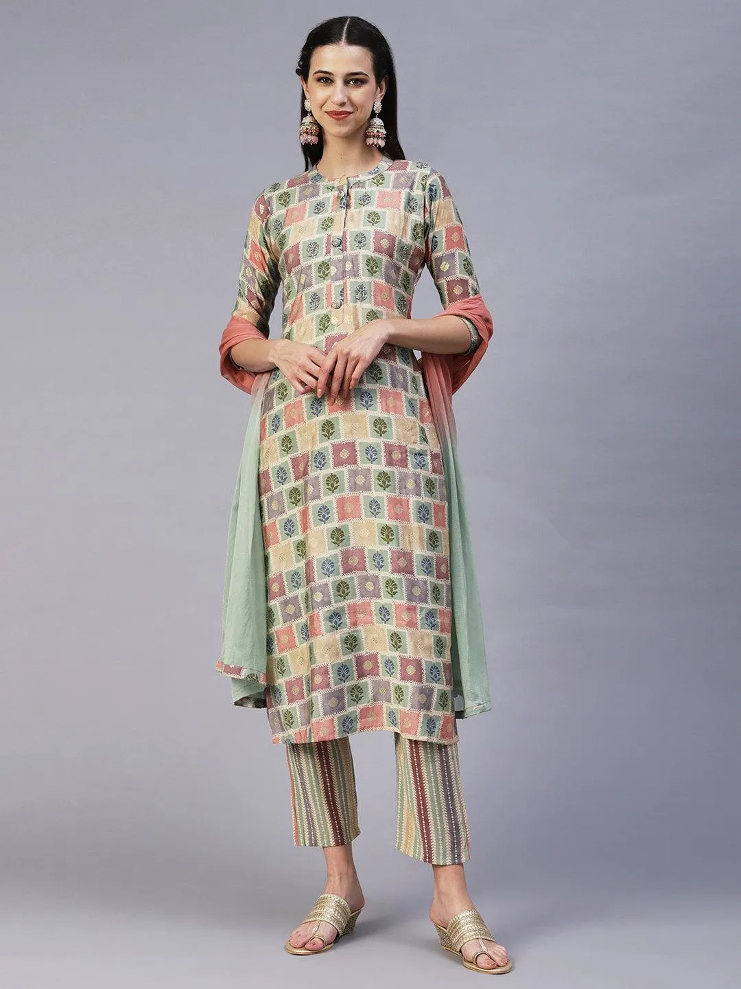 Floral Brick Printed Hand Embroidered Kurta With Pants & Dupatta - Multi