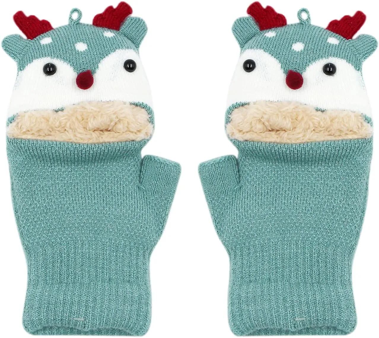 Kids Toddlers Cute Reindeer Fleece Lined Gloves Convertible Flip Top Fingerless Mittens for Boys Girls