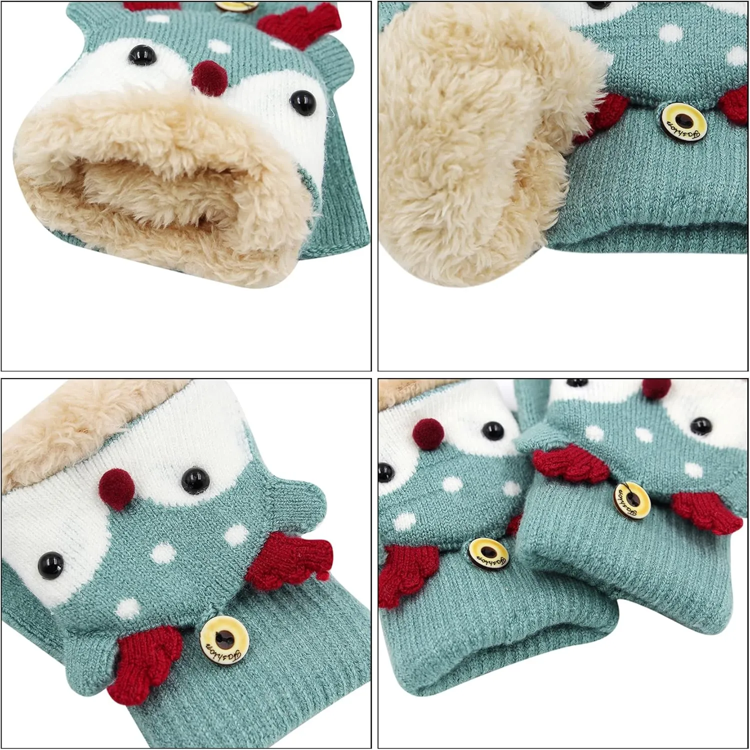 Kids Toddlers Cute Reindeer Fleece Lined Gloves Convertible Flip Top Fingerless Mittens for Boys Girls