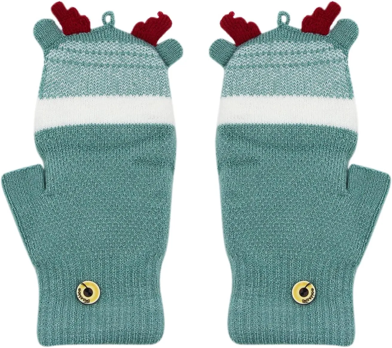 Kids Toddlers Cute Reindeer Fleece Lined Gloves Convertible Flip Top Fingerless Mittens for Boys Girls