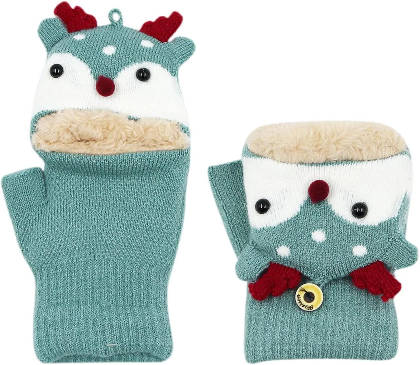 Kids Toddlers Cute Reindeer Fleece Lined Gloves Convertible Flip Top Fingerless Mittens for Boys Girls