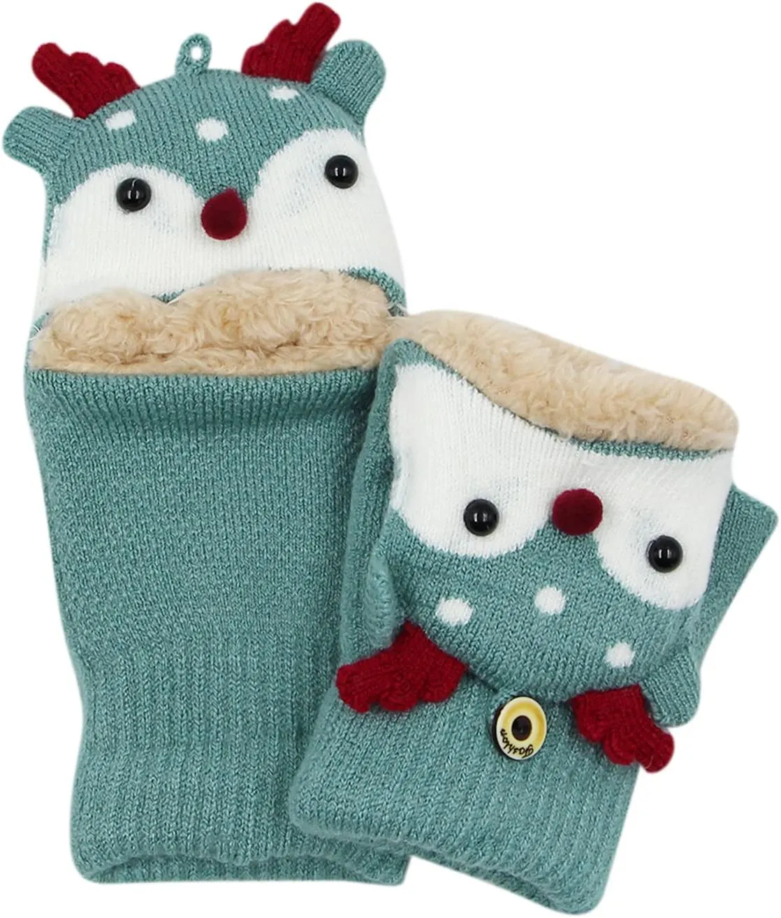 Kids Toddlers Cute Reindeer Fleece Lined Gloves Convertible Flip Top Fingerless Mittens for Boys Girls