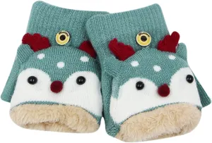 Kids Toddlers Cute Reindeer Fleece Lined Gloves Convertible Flip Top Fingerless Mittens for Boys Girls