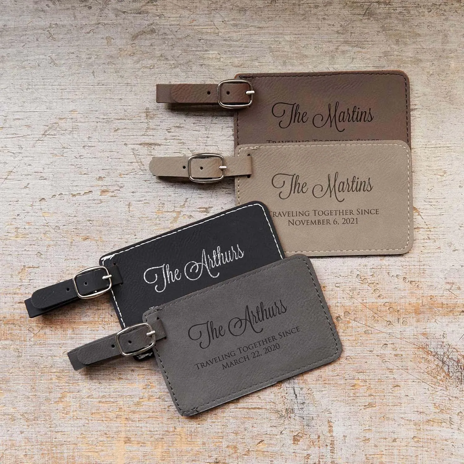 Lifetime Creations Pair (2) Personalized Anniversary Luggage Tags - Personalized Vegan Leather Luggage Tag with Names, Traveling Together Gift (Black & Gray)