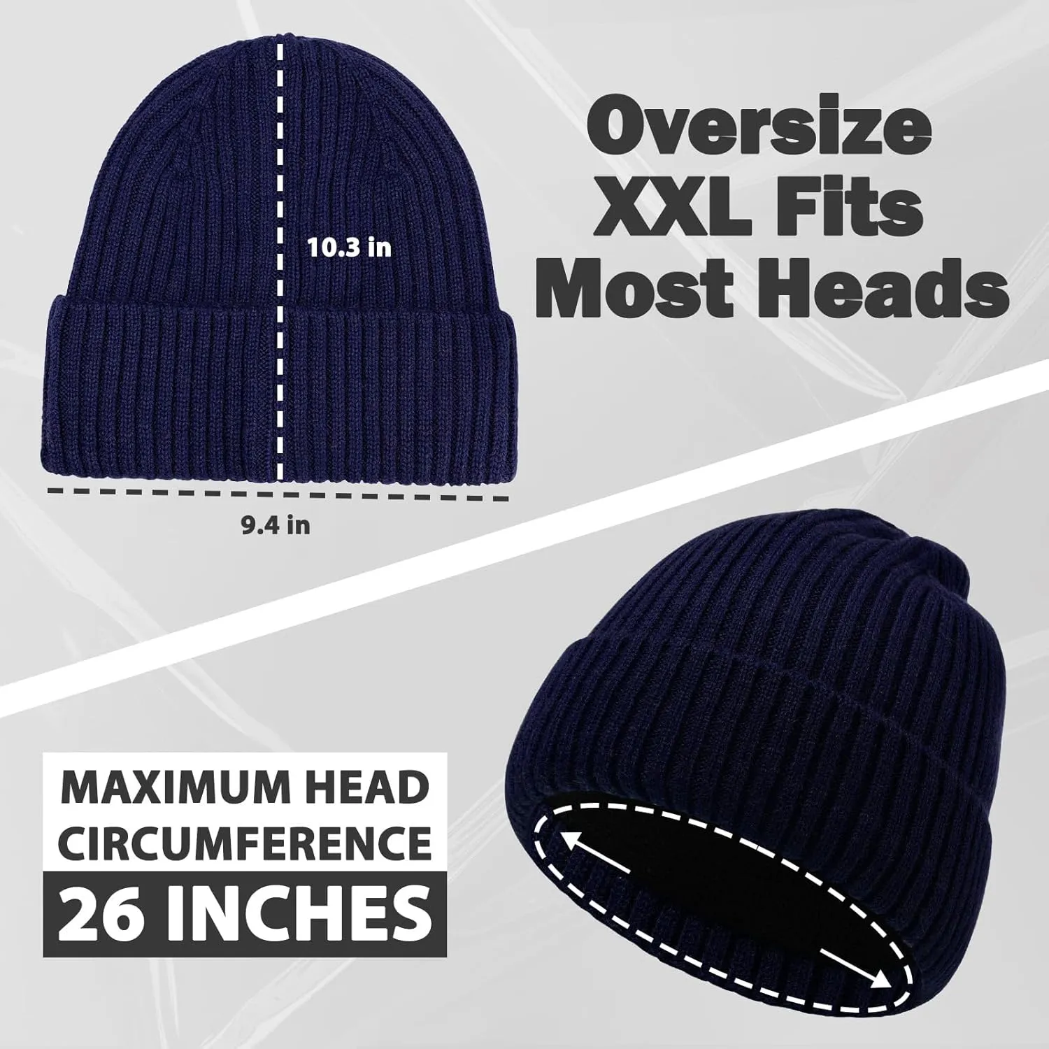 Oversize L/XL/XXL Beanie Hat for Big Heads - Unisex Merino Wool Cuff Beanie Winter Hat for Men and Women