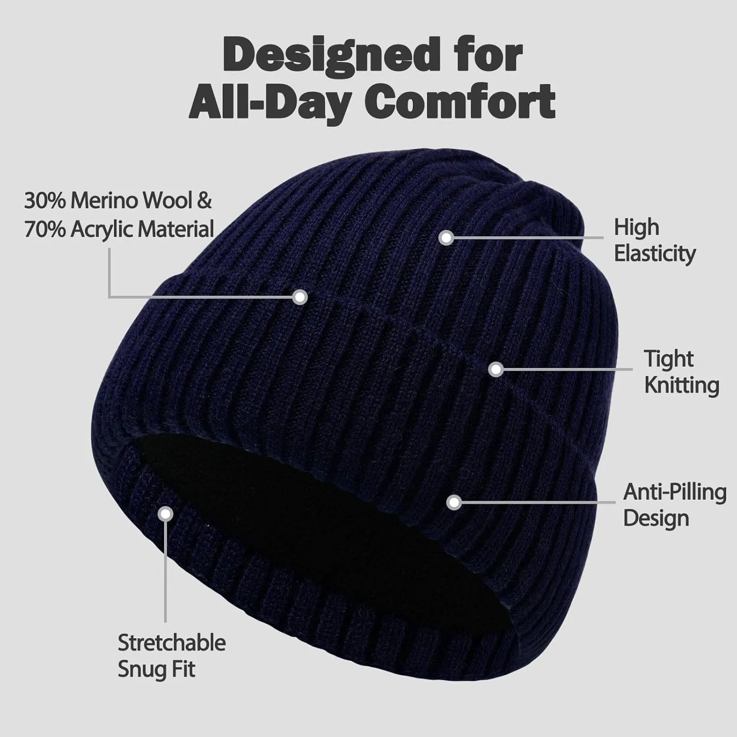 Oversize L/XL/XXL Beanie Hat for Big Heads - Unisex Merino Wool Cuff Beanie Winter Hat for Men and Women