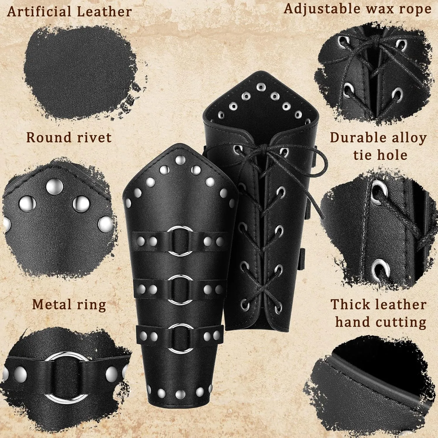 Patelai 1 Pair Faux Leather Arm Guards Arm Bracers Leather Gauntlet Medieval Viking Cosplay Accessories for Men Women