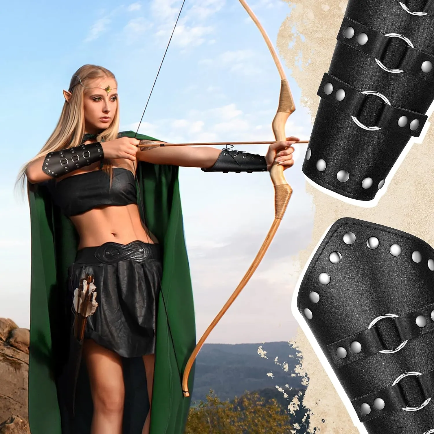Patelai 1 Pair Faux Leather Arm Guards Arm Bracers Leather Gauntlet Medieval Viking Cosplay Accessories for Men Women