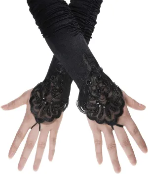PENTA ANGEL 1920s Black Long Opera Gloves with Finger Loops Stretchy Fingerless Floral Embroidery Sequins Satin Evening Bridal Party Elbow Gloves for Women Theme Party Halloween Costume