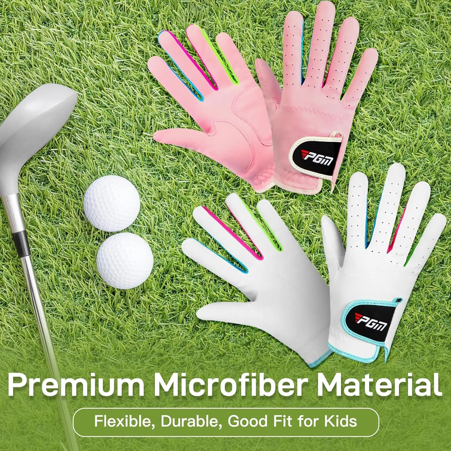 PGM Kids Youth Junior Toddler Boys Girls Golf Gloves Microfiber Synthetic Gloves for Left Hand Right Hand Golf Gloves Extra Value 1 Pair White Pink Age 3-12