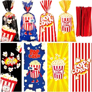 Teling 100 Pcs Popcorn Bags for Party, Popcorn Treat Bags Set, Candy Red White Stripe Cookie Snacks with 150 Red Twist Ties for Circus Carnival Birthday Party Favor (Cute Style)