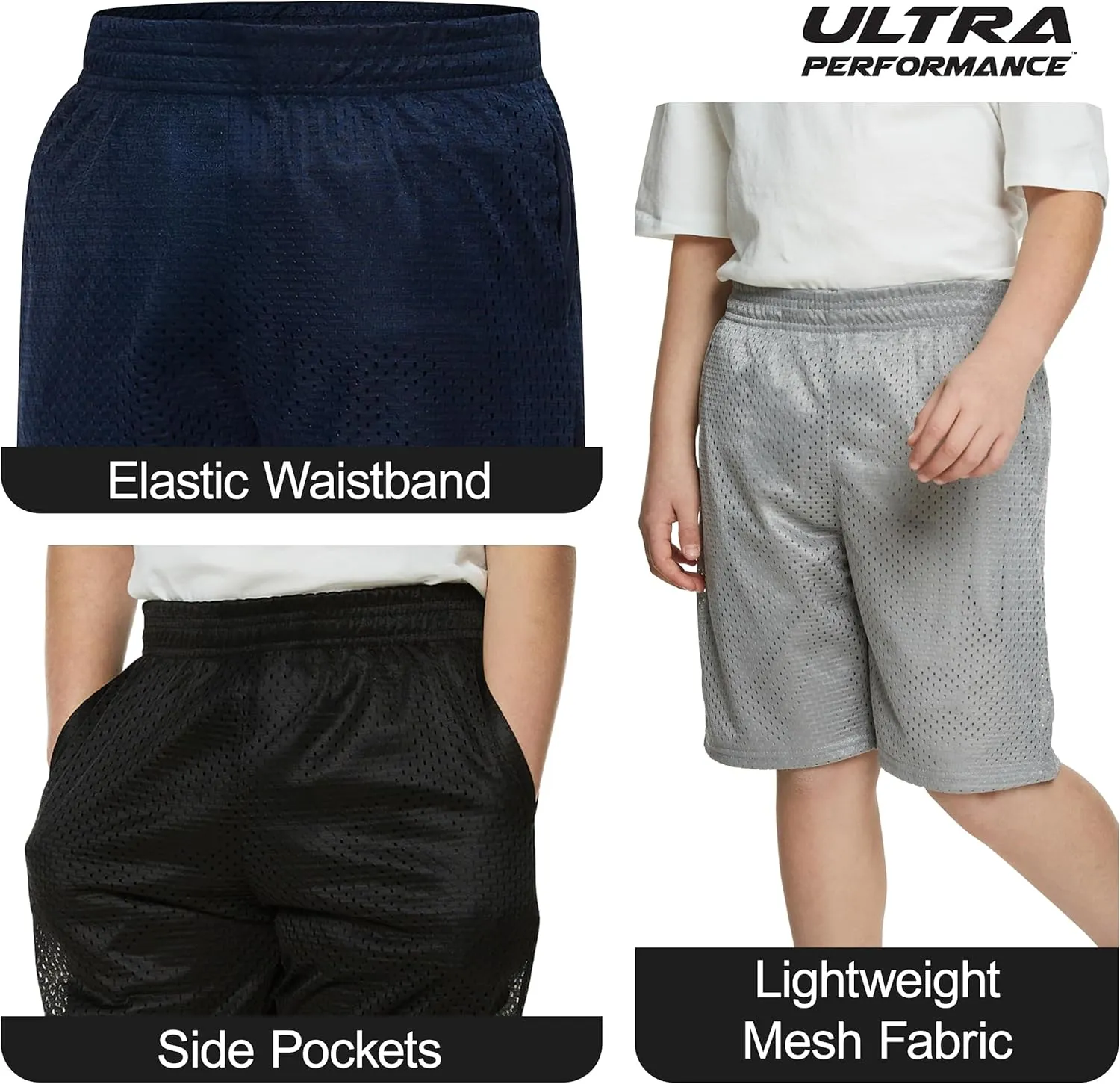 Ultra Performance Boy's Basketball Short's 3 Pack Mesh Athletic Shorts Youth Basketball Soccer & Gym Short for Active Boys