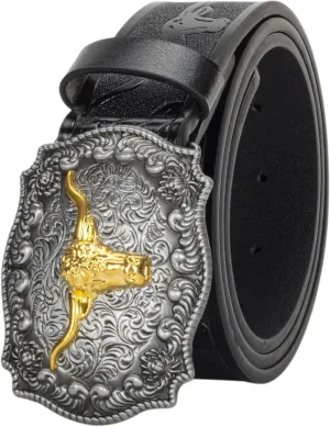 Western Cowboy PU Leather Belt - Men Waist Strap Bull Decoration Floral Engraved for Jeans 25" to 38" Waist