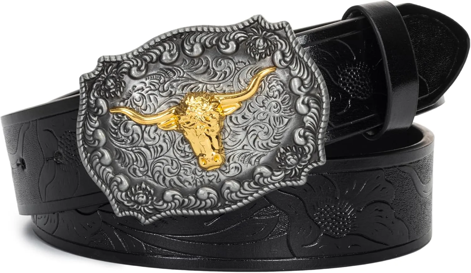 Western Cowboy PU Leather Belt - Men Waist Strap Bull Decoration Floral Engraved for Jeans 25" to 38" Waist