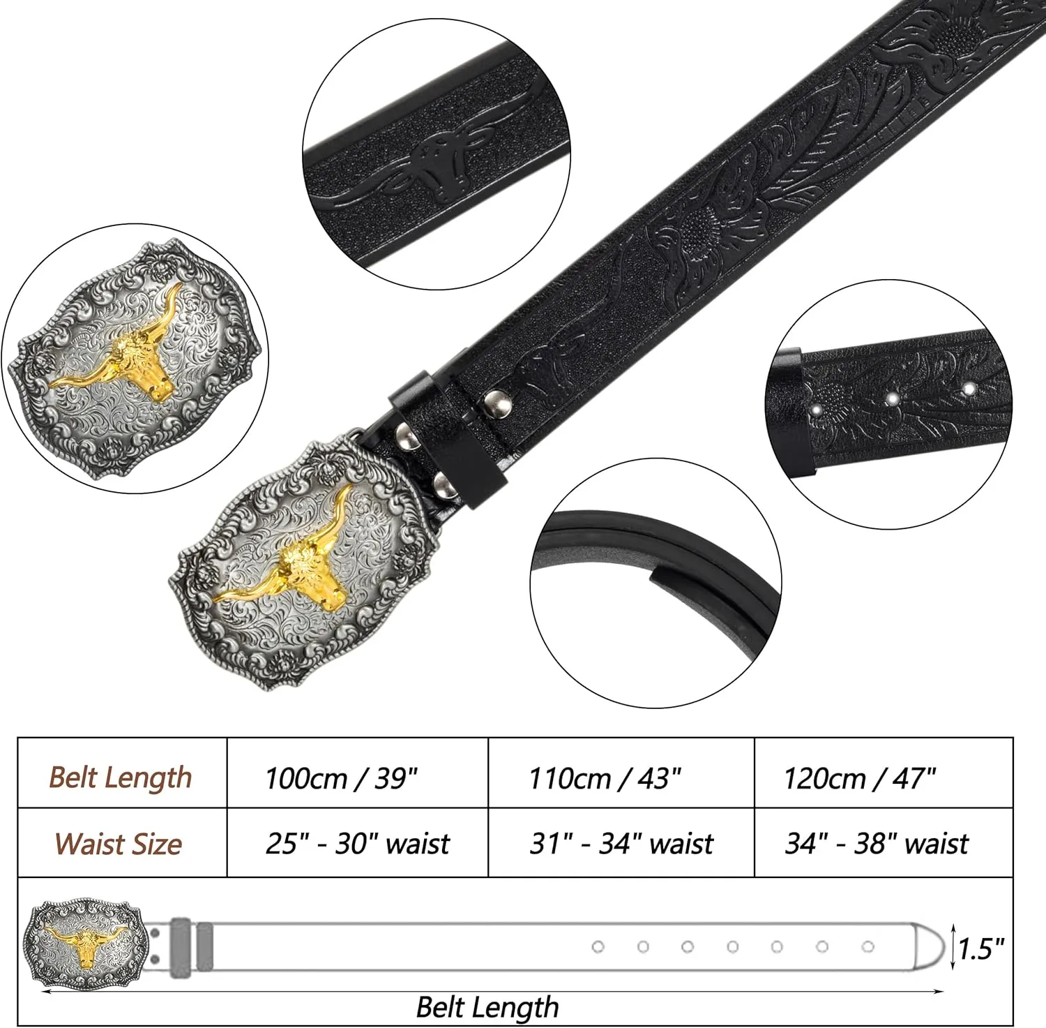 Western Cowboy PU Leather Belt - Men Waist Strap Bull Decoration Floral Engraved for Jeans 25" to 38" Waist