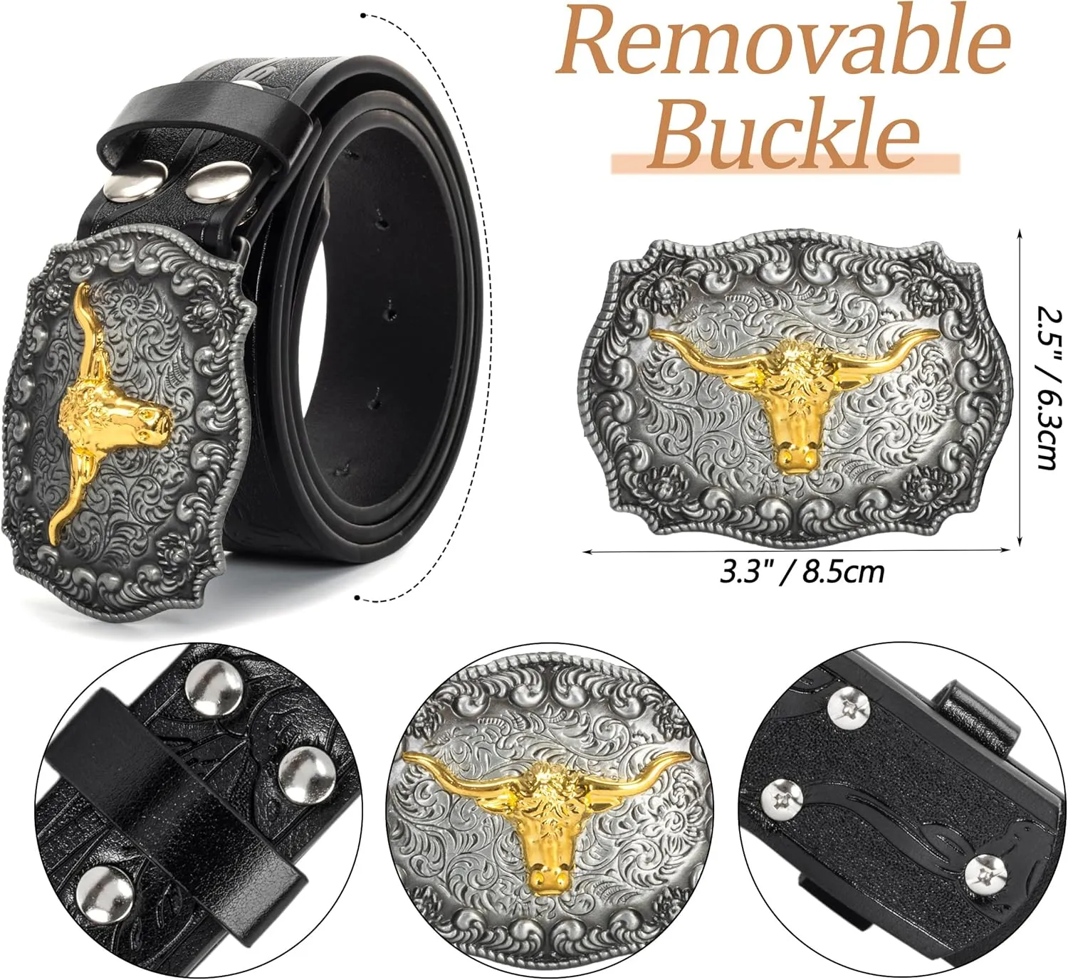 Western Cowboy PU Leather Belt - Men Waist Strap Bull Decoration Floral Engraved for Jeans 25" to 38" Waist