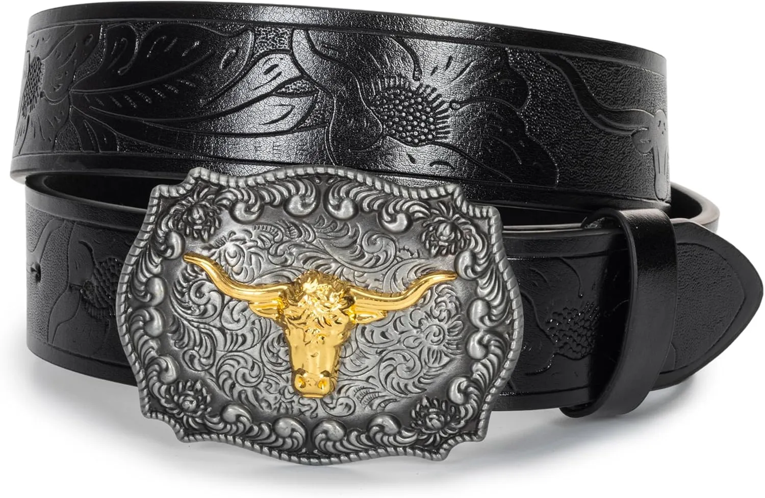Western Cowboy PU Leather Belt - Men Waist Strap Bull Decoration Floral Engraved for Jeans 25" to 38" Waist