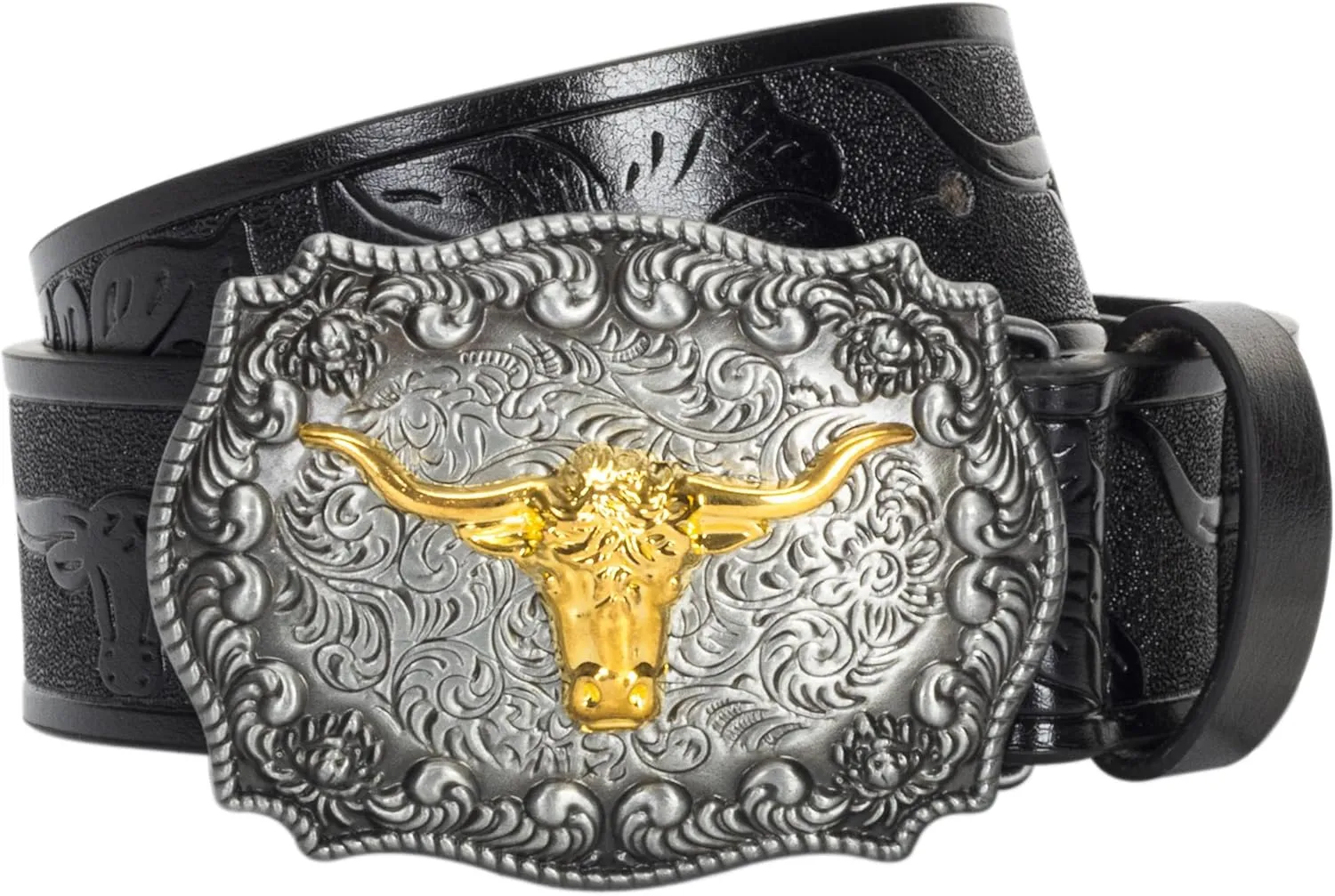 Western Cowboy PU Leather Belt - Men Waist Strap Bull Decoration Floral Engraved for Jeans 25" to 38" Waist