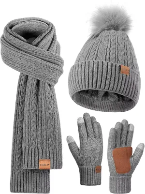 Winter Beanie Hat Scarf Gloves Set for Women, Pom Pom Beanie Fleece Lined Knit Neck Warmer Touchscreen Gloves 3 in 1 Gift Set